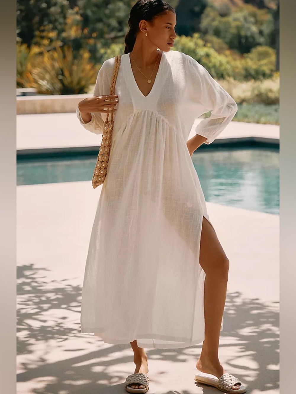 Malai | Long-Sleeve Easy V-Neck Cover-Up Dress, Size M